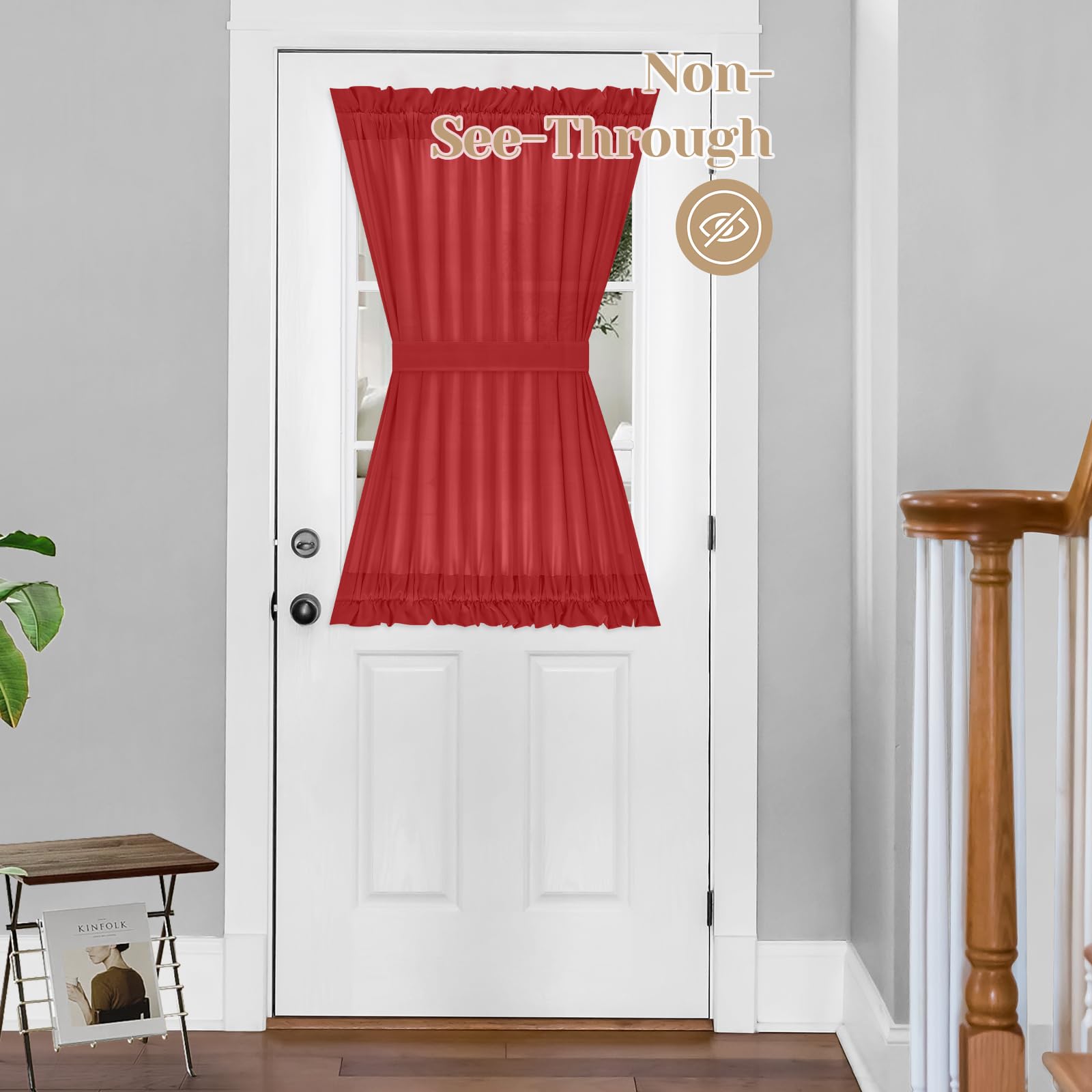 Homeideas Non-See-Through French Door Curtains For Front Door, Privacy Semi Sheer Door Window Curtains, Rod Pocket Light Filtering Door Covering With Tieback, (1 Panel, Red, 54W X 40L)